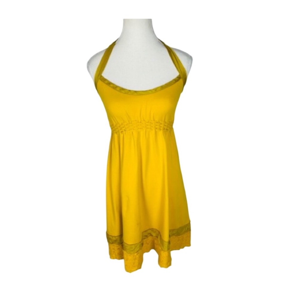 Aquarius Mustard Yellow Halter Mini Dress Lace Trim‎ Empire Waist Smocked Small